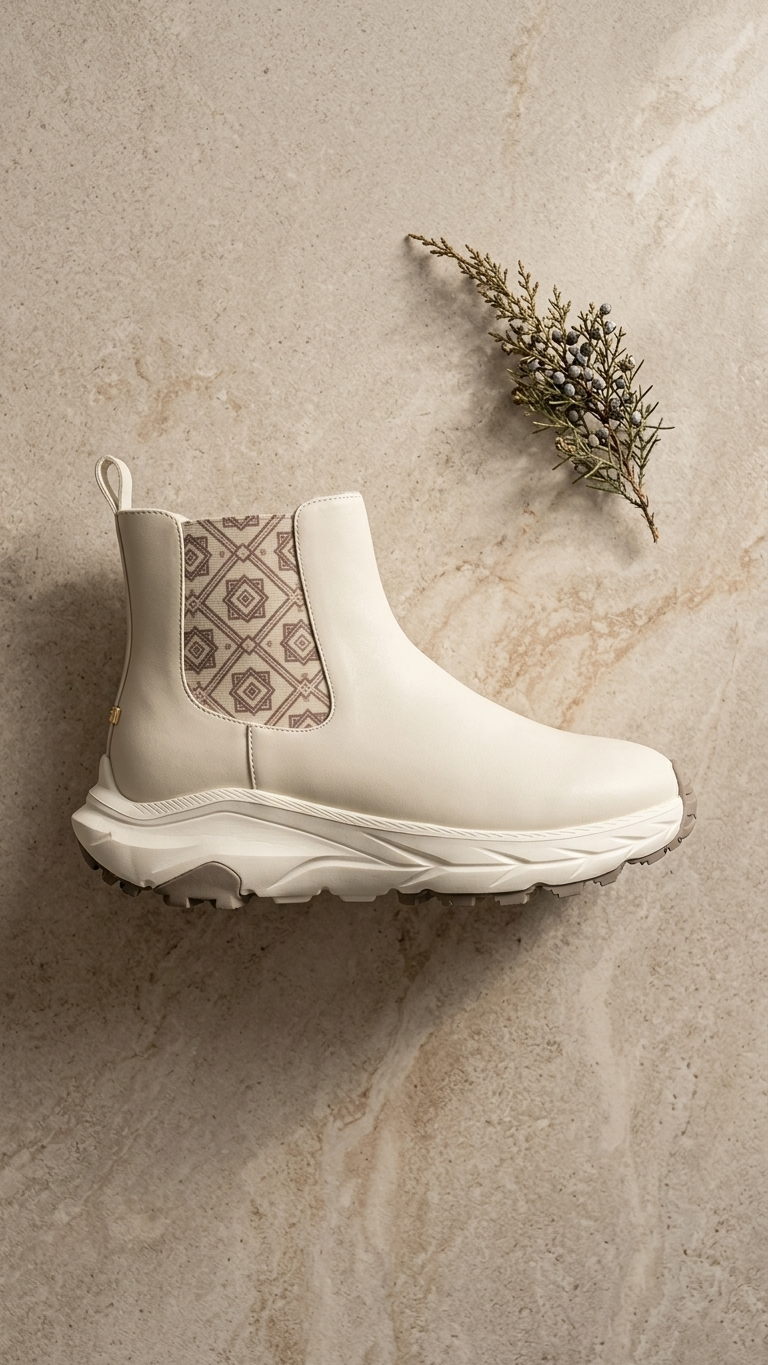Ajrakh Winter Chelsea Boots Unisex in Canada | Sneaker-Comfort Winter Boots | Looking for winter Chelsea boots that are actually comfortable? The FrostPepper Labs Ajrakh Chelsea is designed for Canadian winters and everyday wear. Handcrafted in luxe sand suede, this Chelsea boot features our signature Ajrakh-inspired elastic panel — a tribute to the 4000-year-old block-printing craft from Ajrakhpur, Kutch. The geometric motif is more than beautiful; it’s royal history, once worn in the courts of Kutch and Baroda. Why You’ll Love It: Sneaker Comfort, Chelsea Sleek: Ultra-light chunky sole with all-day arch support. No break-in. Just pull-on and go. The Royalty Detail: That Ajrakh panel catches light, catches eyes. It’s subtle and posh. Built for Winter: Cozy fleece lining, water-resistant suede, deep-lug grip for snow, ice, and mountain trails. Heirloom Design: Minimal, aesthetic, and posh. Pairs with denim, dresses, and everything in between. If you want the Sand Chelsea boot that everyone has, skip this. If you want the one no one else has — this is it. Fit: True to size | Batch: Limited Edition